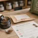 Mycothérapeute : poudre de champignon médicinal en bocal, cuillère et précautions