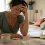 Femme avec nausée, vertige, fatigue et bouffée de chaleur, thermomètre et notes de symptômes