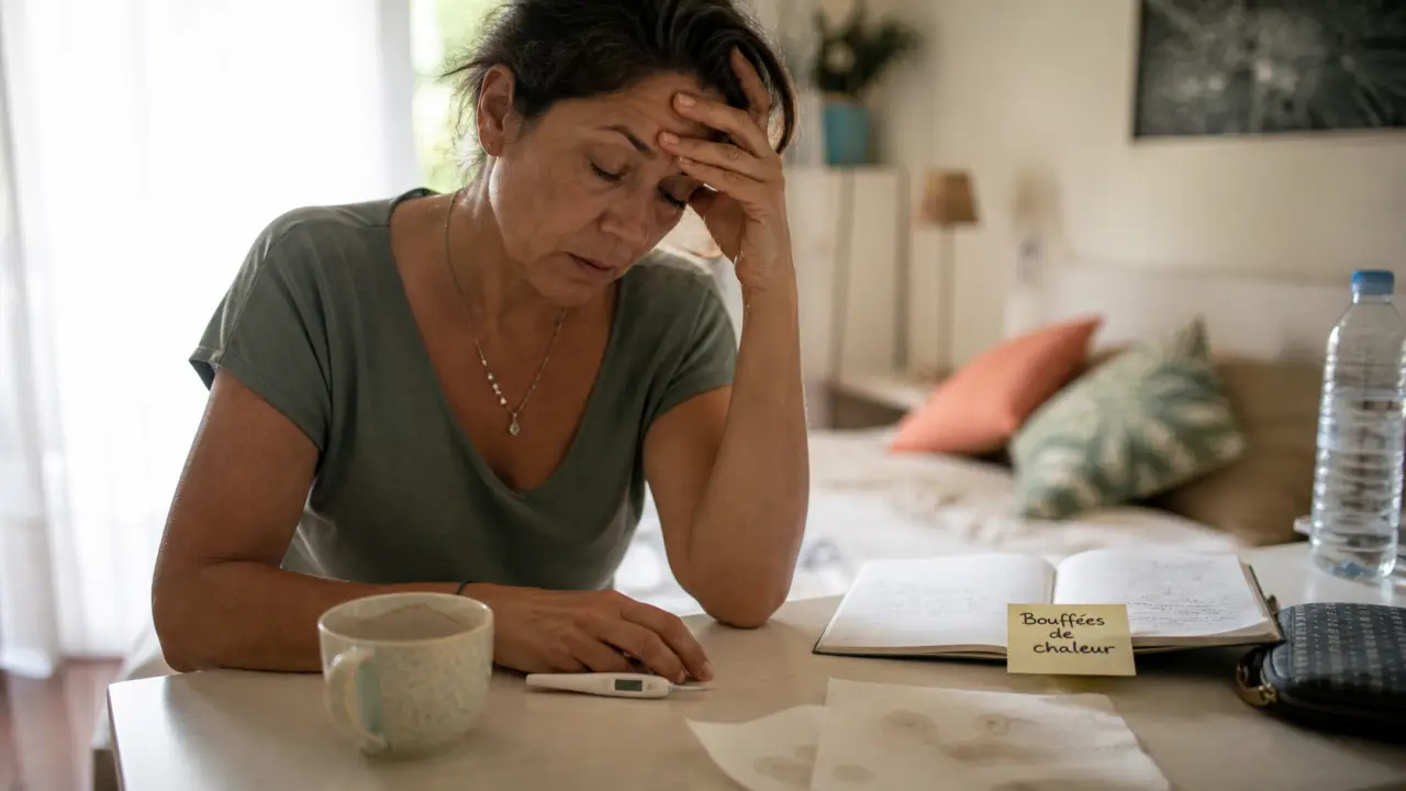 Femme avec nausée, vertige, fatigue et bouffée de chaleur, thermomètre et notes de symptômes