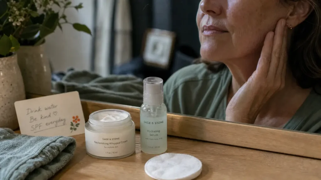 Soin visage peau mature : crème visage et sérum, peau hydratée