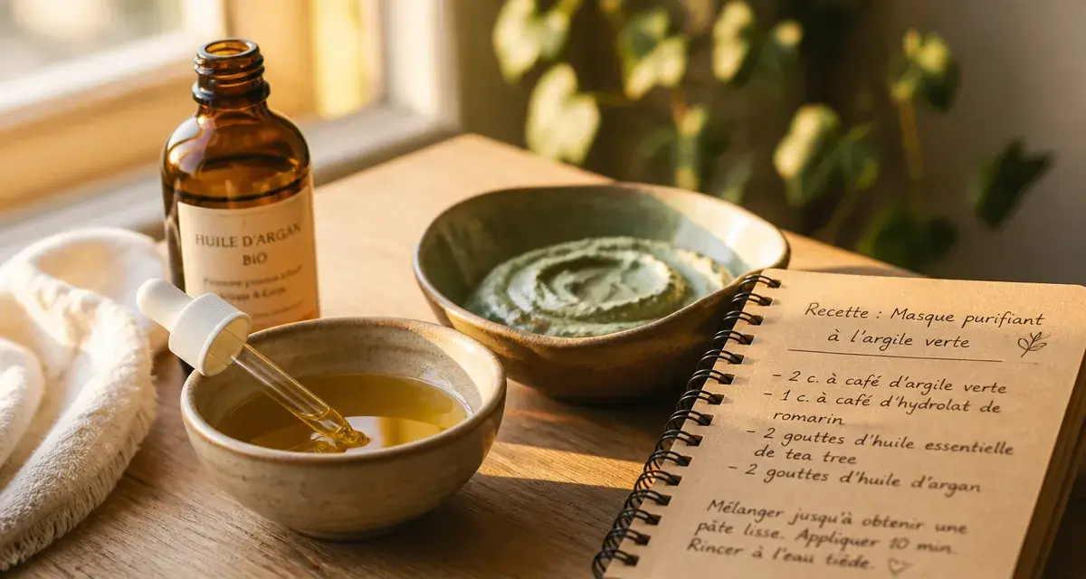 Soins naturels pour le visage : routine bio sur une table en bois, huiles et argile