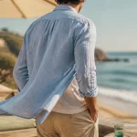 Tenue été homme classe : chemise lin bleu ciel, chino sable, mocassins blancs