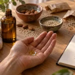 Ayurveda huile : texture pour Vata Pitta Kapha, huile ayurvédique en main