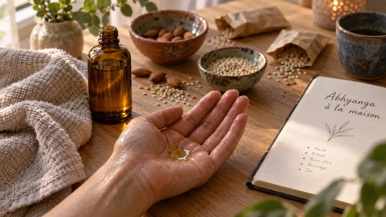 Ayurveda huile : texture pour Vata Pitta Kapha, huile ayurvédique en main