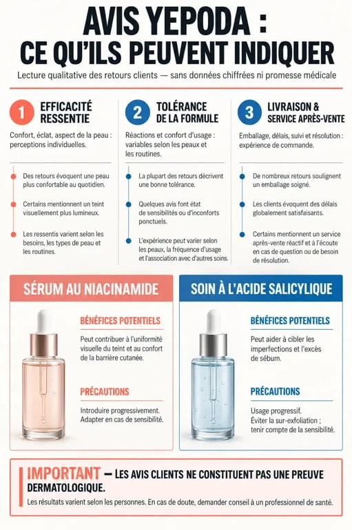 Infographie sur les avis Yepoda, la tolérance des formules et la qualité du service après-vente