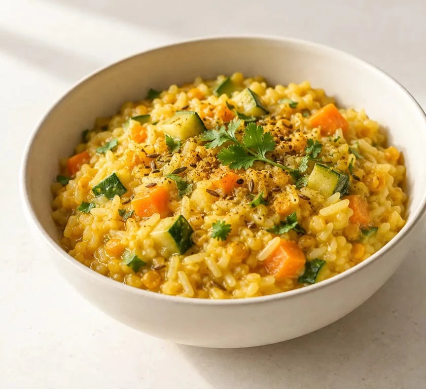 Alimentation ayurvédique : kitchari de riz, lentilles corail et légumes