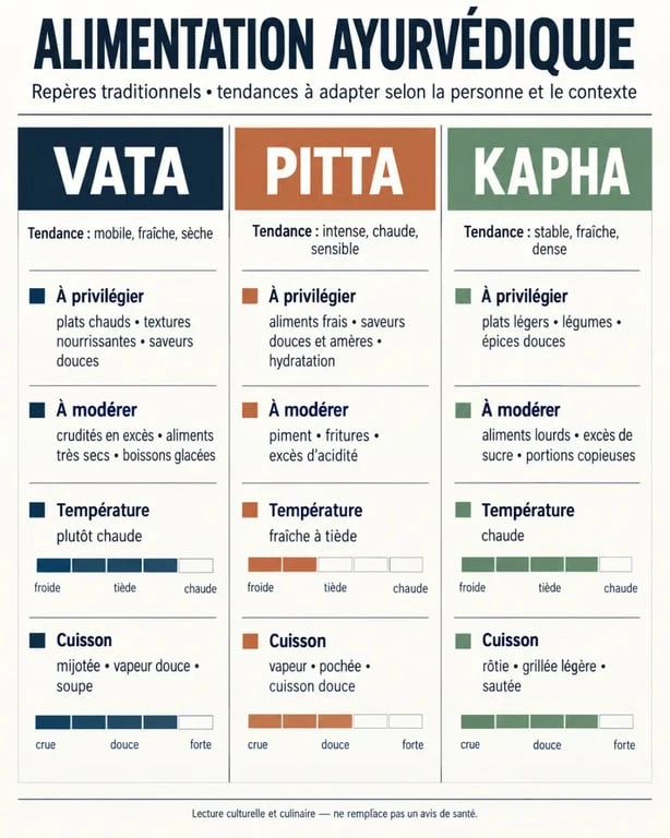 Alimentation ayurvédique : tableau visuel des profils Vata, Pitta et Kapha
