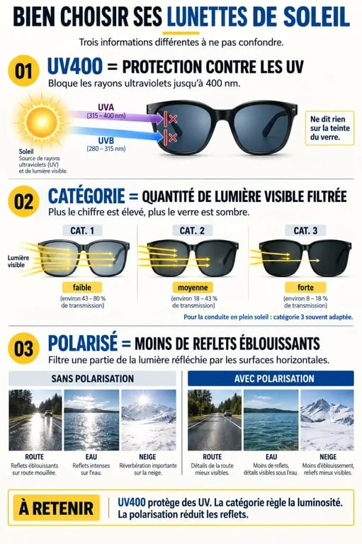 Grosse lunette de soleil avec infographie sur UV400, catégorie de verres et polarisation
