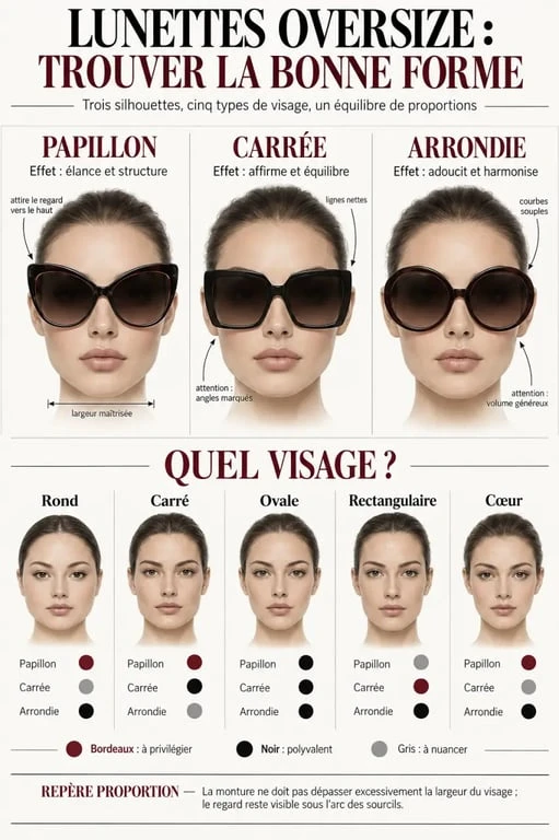 Grosse lunette de soleil oversize papillon, carrée et arrondie selon la morphologie du visage