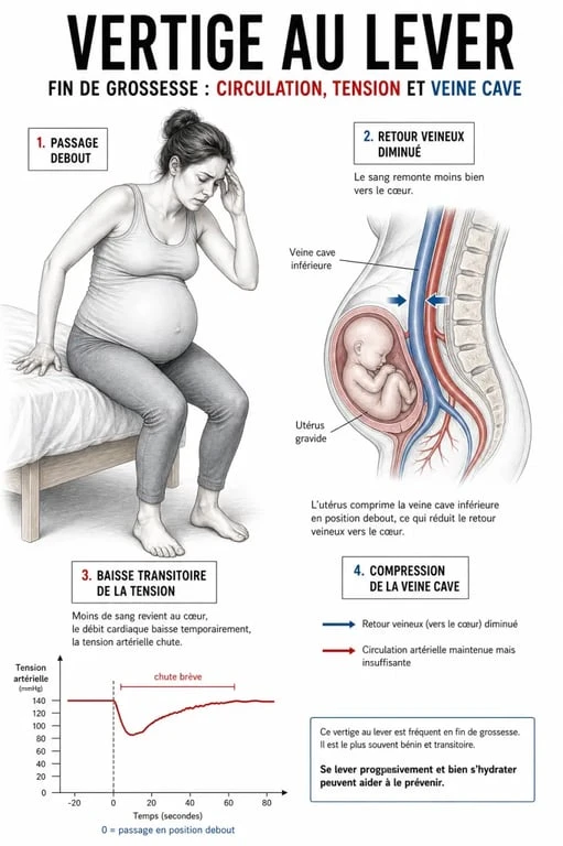 Femme enceinte et vertige : illustration médicale des causes, de la baisse de tension et des signes d’alerte pendant la grossesse