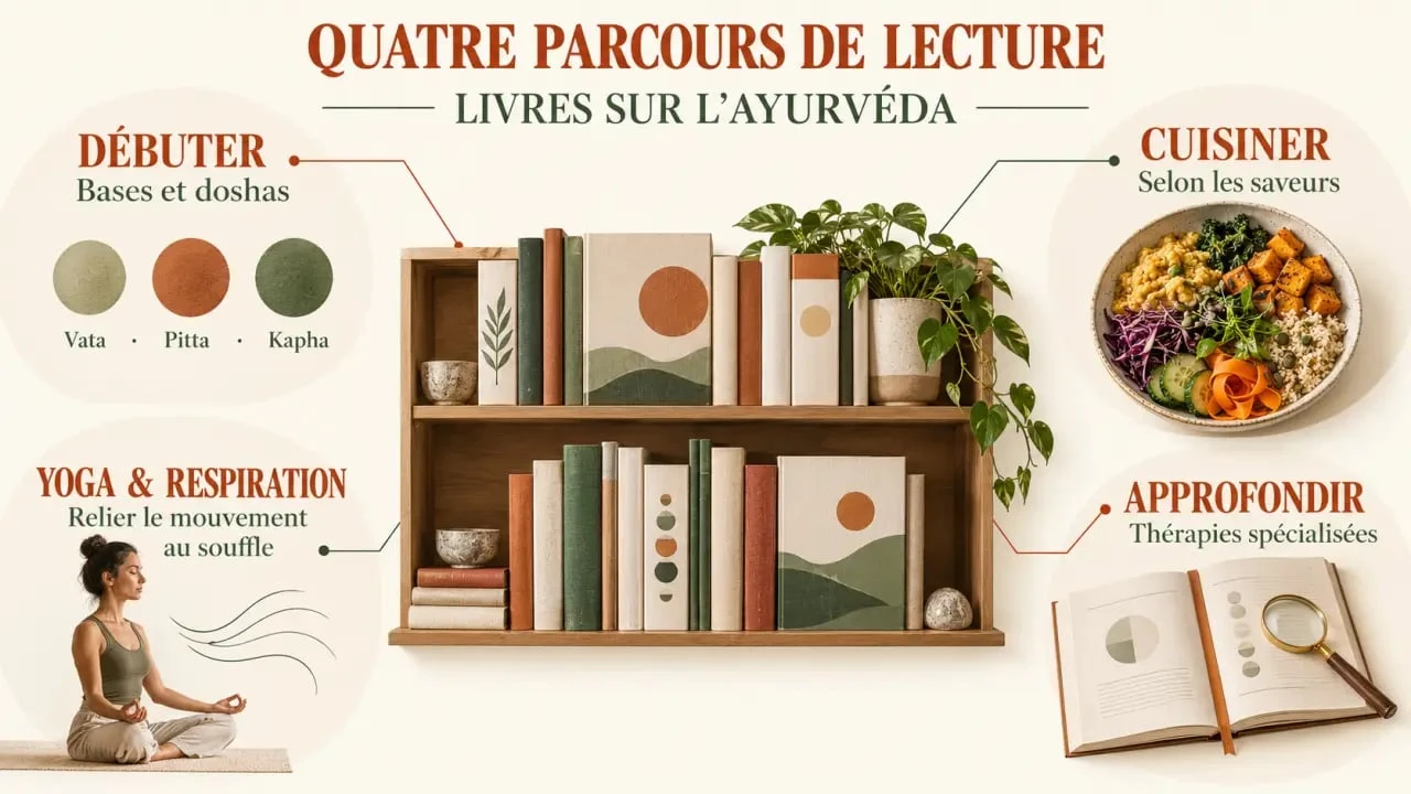 Livre sur l’Ayurvéda : parcours de lecture selon les doshas, l’alimentation, le yoga et les pratiques spécialisées