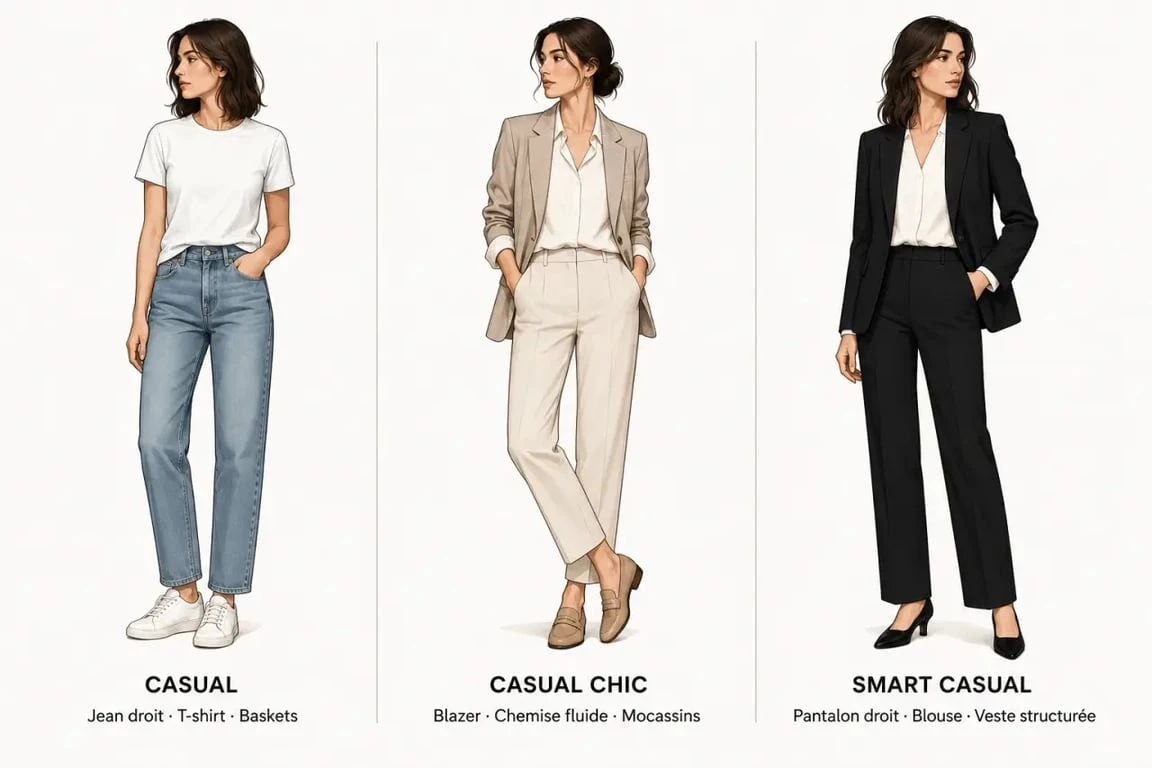 Look casual femme : comparaison visuelle entre casual, casual chic et smart casual