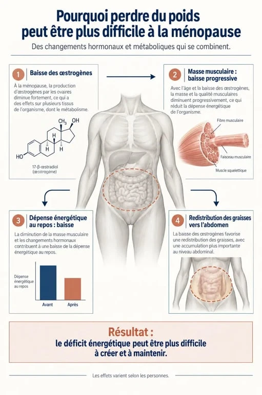 Schéma expliquant pourquoi perdre du poids à la ménopause peut favoriser le stockage abdominal