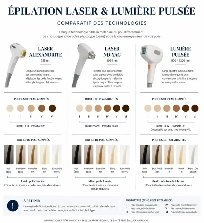 Épilation définitive : comparaison entre laser Alexandrite, Nd-Yag et lumière pulsée