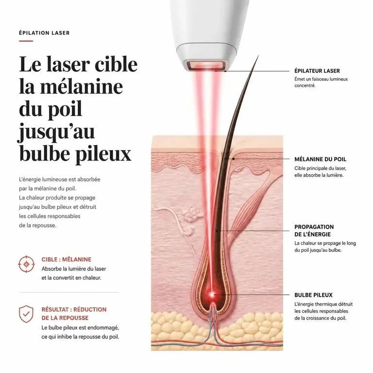 Épilation définitive au laser : schéma du faisceau ciblant le bulbe pileux