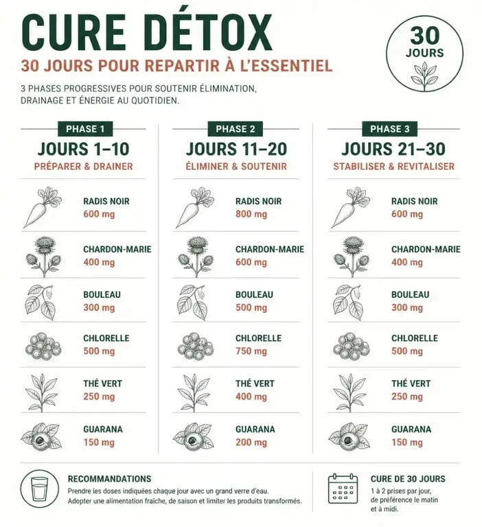 Les 3 phases de la cure Purvival Intégrale Détox et leurs ingrédients par palier de 10 jours