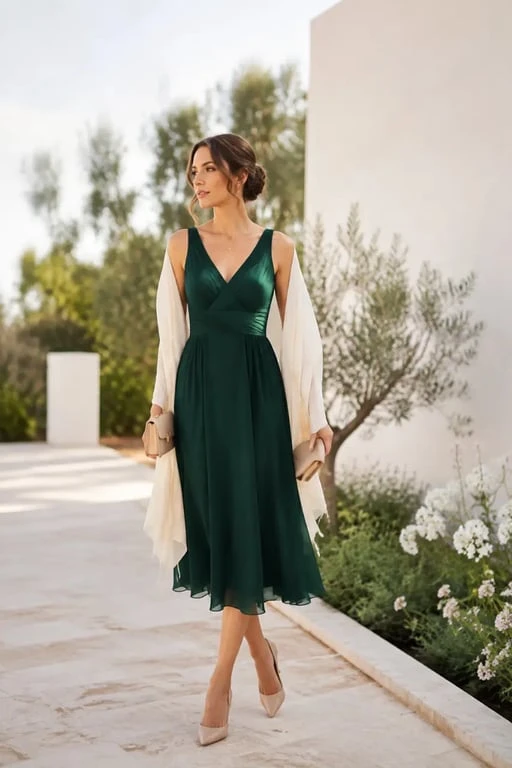 Tenue chic femme pour un mariage avec robe midi et étole