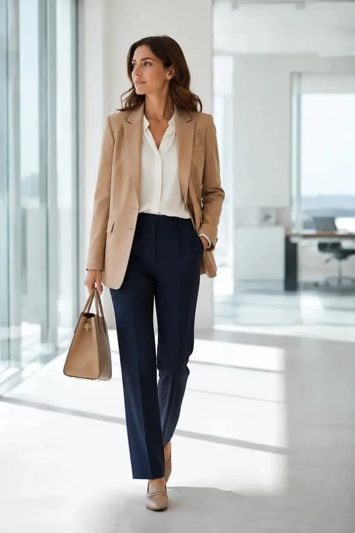 Tenue chic femme pour le bureau avec pantalon marine, blazer et mocassins