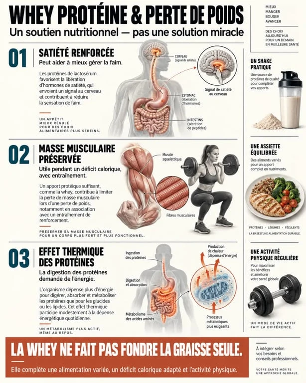 Infographie sur la whey protéine perte de poids, la satiété et la préservation de la masse musculaire