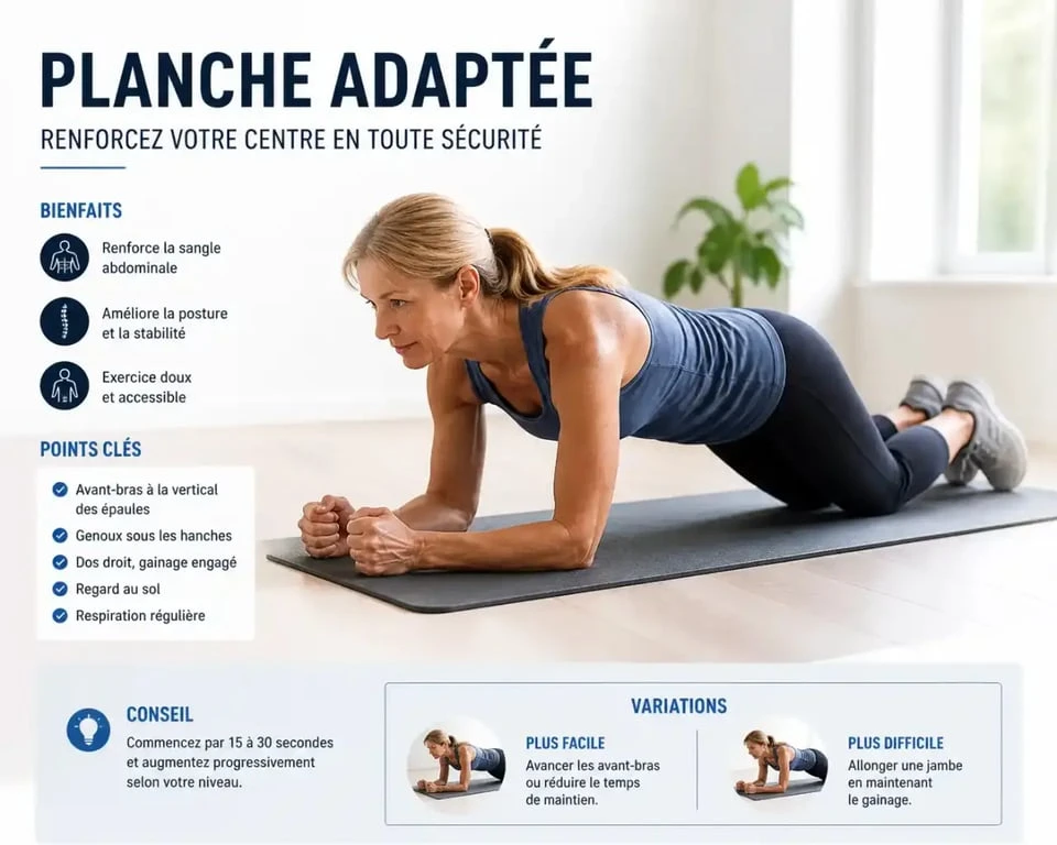Exercice ventre plat ménopause : planche adaptée genoux au sol pour renforcer le transverse