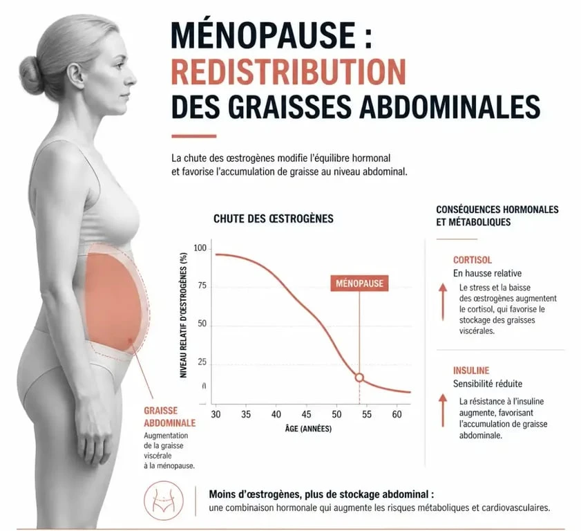 Schéma explicatif exercice ventre plat ménopause : redistribution des graisses liée à la baisse des œstrogènes