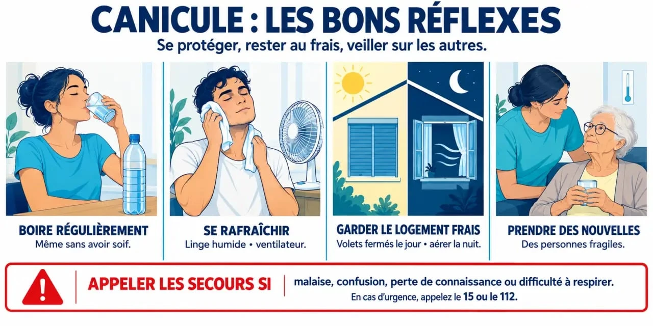 Infographie que faire pendant une canicule : boire, se rafraîchir, protéger son logement et surveiller les proches