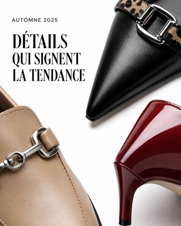Mode chaussure automne 2025 : gros plan sur les détails tendance comme le bout pointu, le cuir brossé et le talon rouge