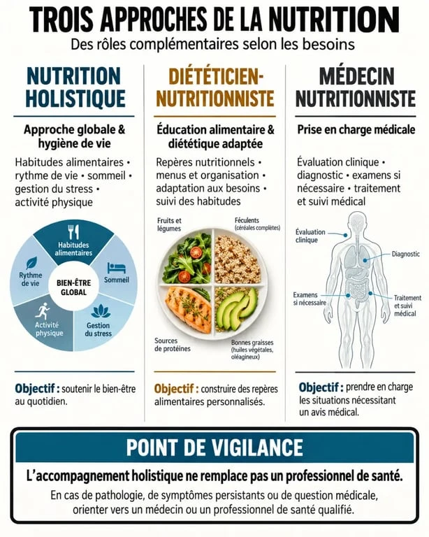 Infographie comparative sur le nutritionniste holistique, le diététicien-nutritionniste et le médecin nutritionniste