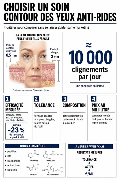 Infographie sur le meilleur anti-rides yeux 60 millions de consommateur avec critères, chiffres clés et actifs recommandés