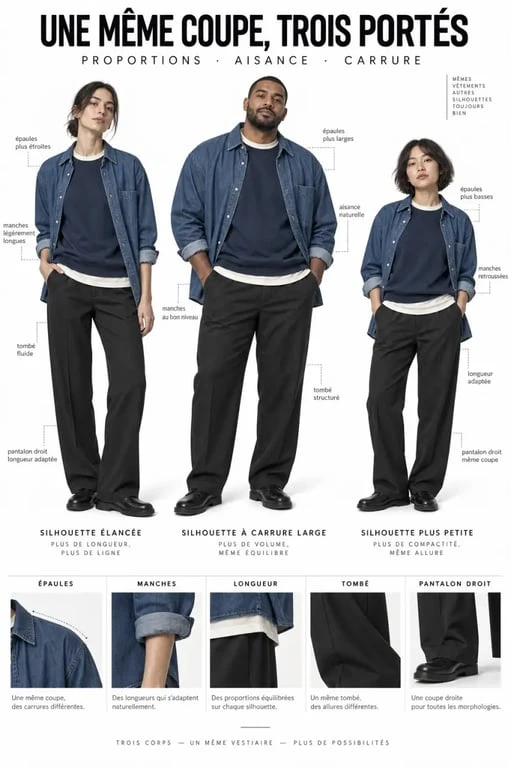 Différentes silhouettes portant des vêtements unisexes selon leur coupe et leur morphologie