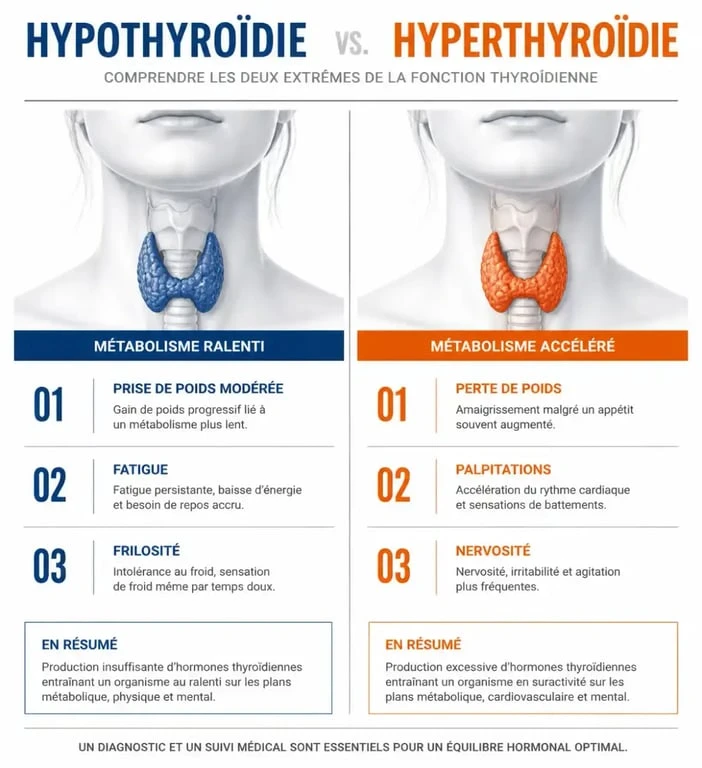 Comparatif hypothyroïdie hyperthyroïdie et effets opposés sur le poids