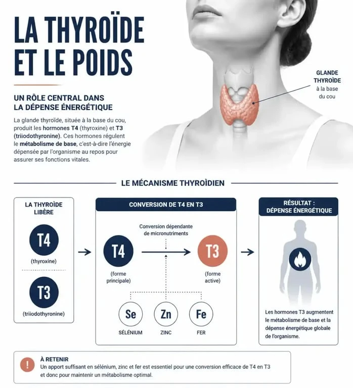 Schéma du mécanisme de la prise de poids thyroïde entre hormones T4 T3 et métabolisme
