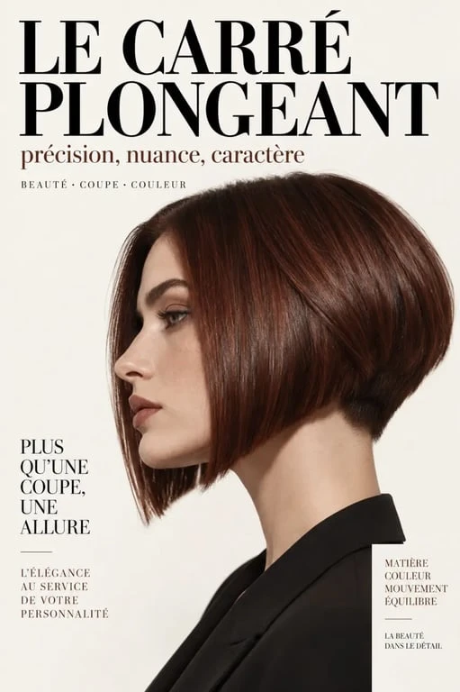Carré plongeant roux foncé court et graphique avec nuque dégagée