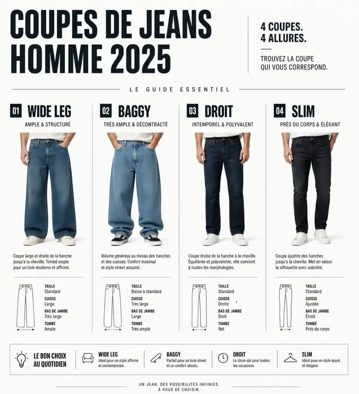 Comparatif des coupes de jean homme 2025 : wide leg, baggy, droit et slim