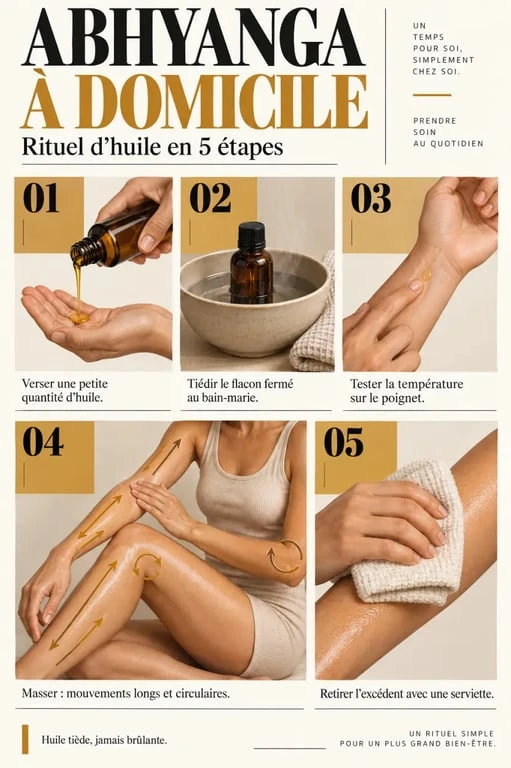 Étapes d’application d’une huile ayurvédique pour un massage Abhyanga à domicile