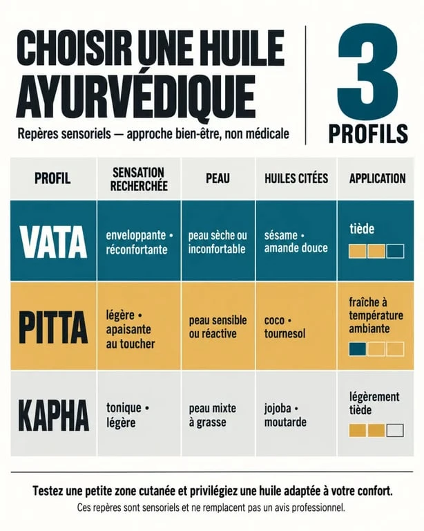Infographie comparative pour choisir une huile ayurvédique selon Vata, Pitta, Kapha et le type de peau