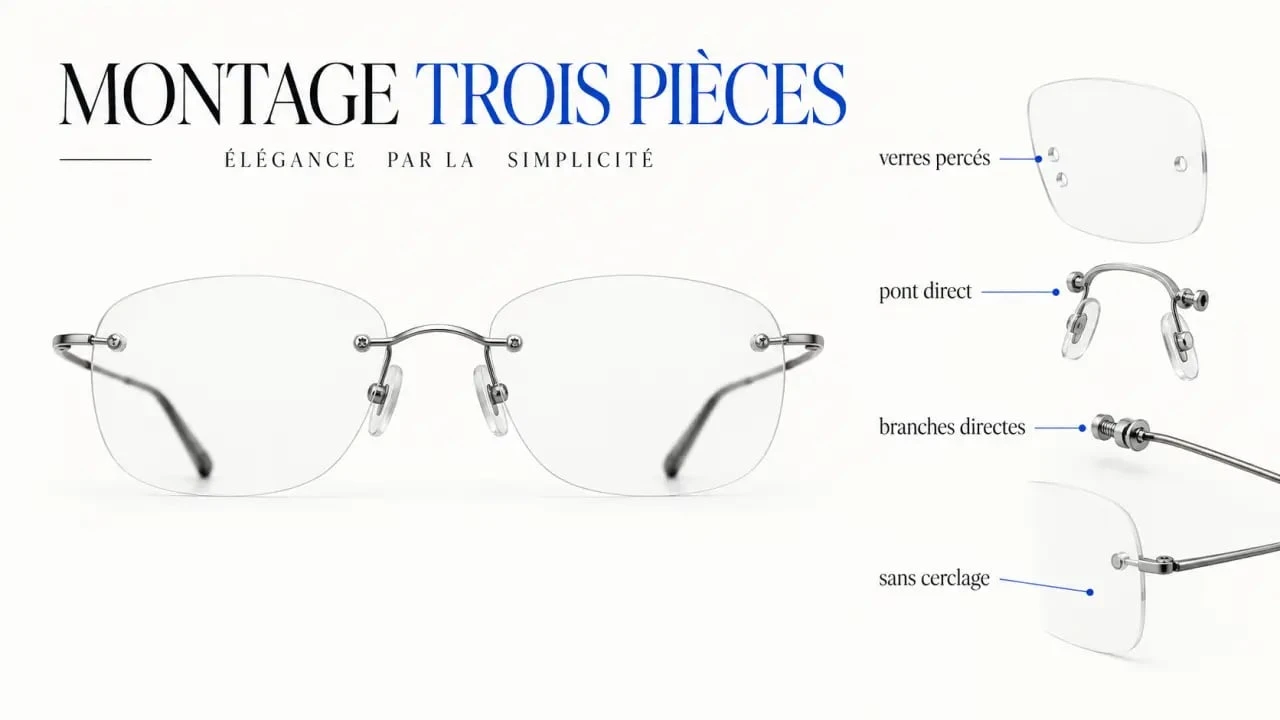 Lunettes sans monture femme et schéma du montage trois pièces