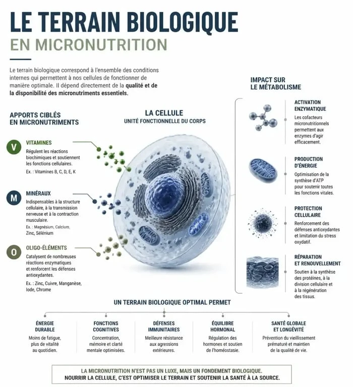 Schéma explicatif du terrain biologique et de l'approche d'un médecin micronutritionniste pour la santé cellulaire