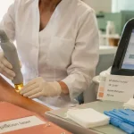 Épilation définitive au laser : cabine médicale et applicateur sur peau rasée