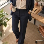 Tenue chic femme : blazer et pantalon marine, look bureau près de la fenêtre