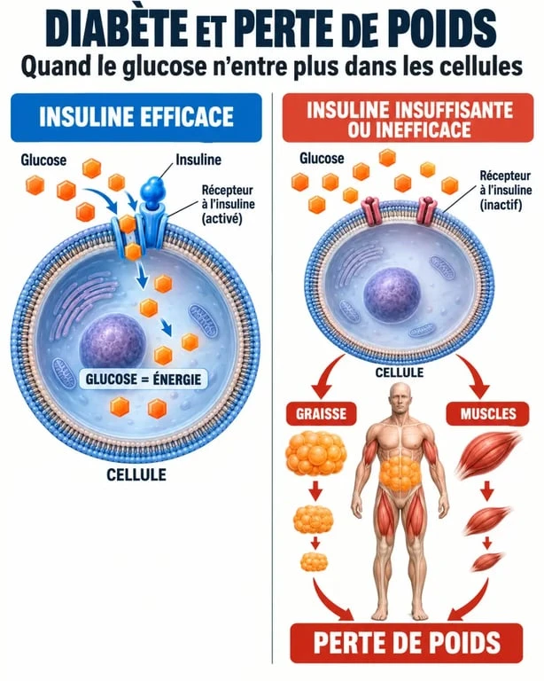 Perte de poid et diabete : schéma du rôle de l’insuline et de l’utilisation des réserves d’énergie