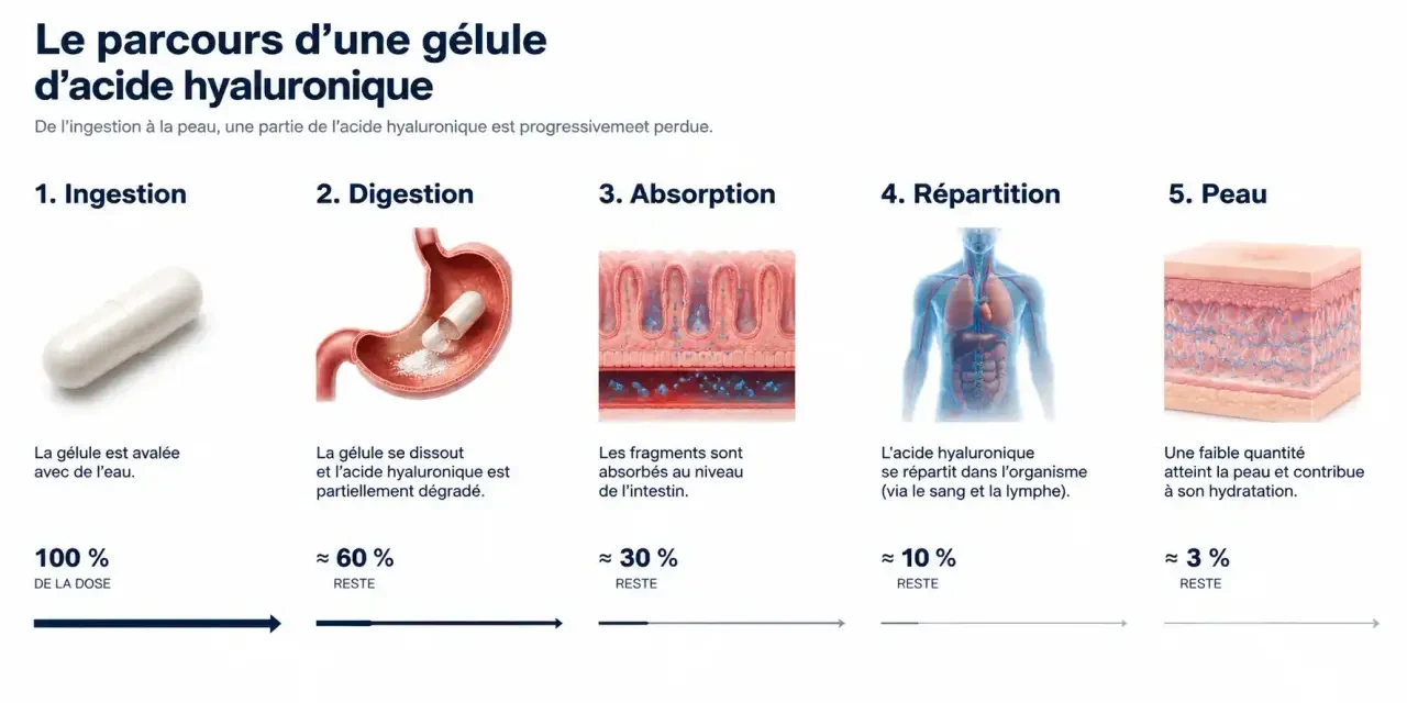 Schéma du parcours d'une gélule d'acide hyaluronique jusqu'à la peau, pour comprendre les limites évoquées dans les avis négatifs sur Hyalumine 3D