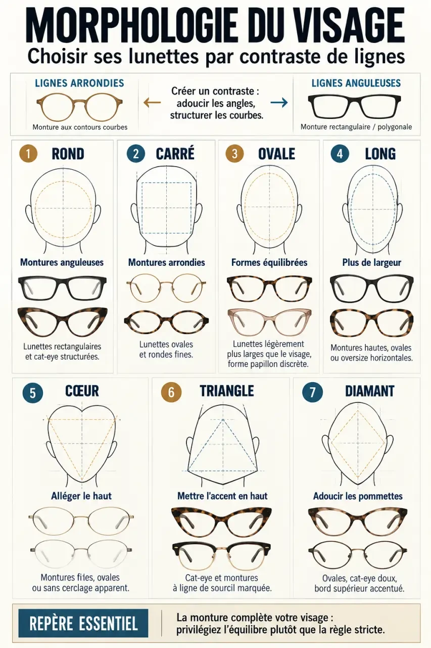 Infographie morphologie visage lunette avec les sept formes de visage et les montures conseillées