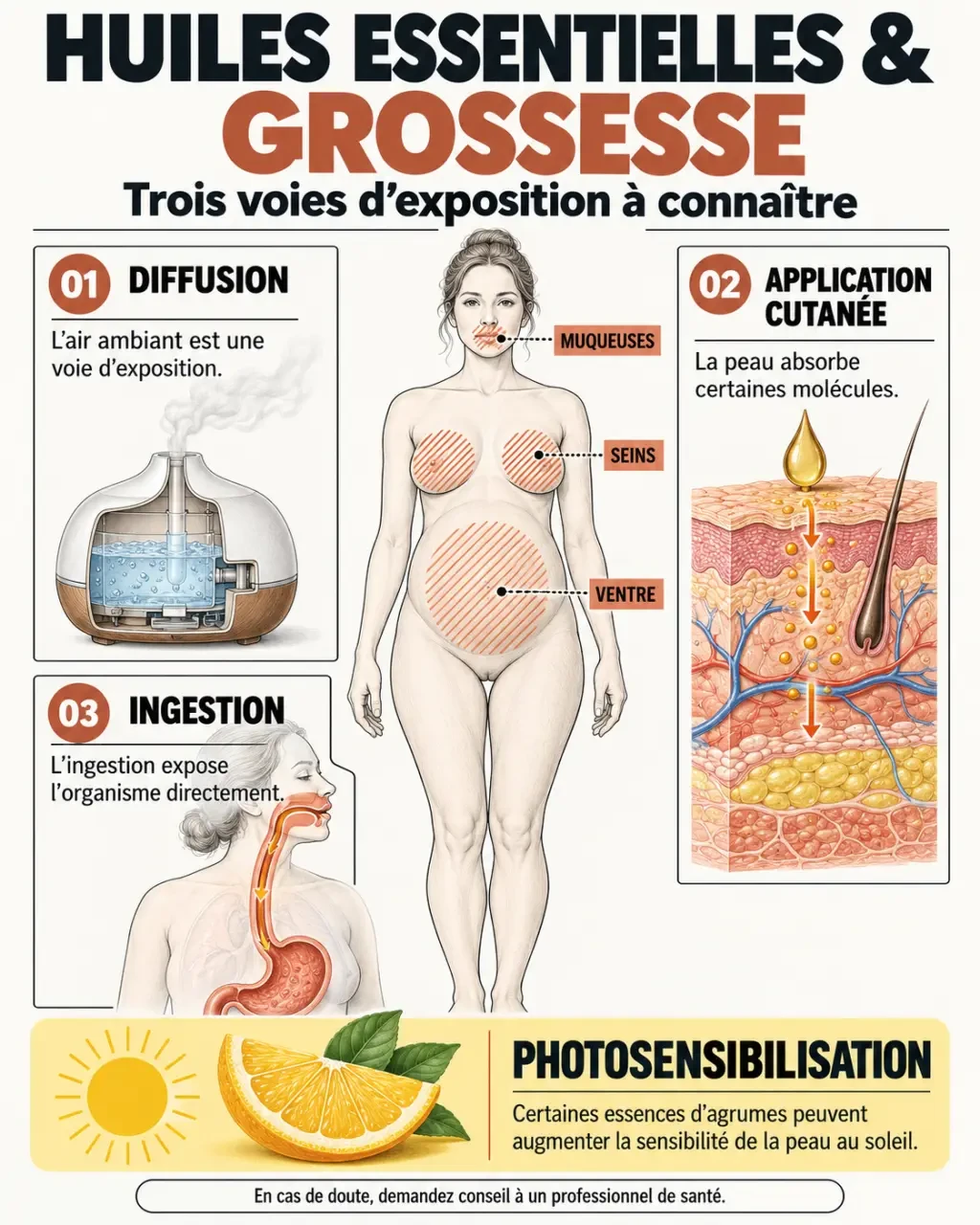 Infographie sur les précautions des huiles essentielles grossesse selon la voie d’utilisation et les zones à éviter
