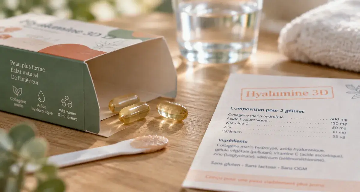 hyalumine 3d avis négatif : boîte ouverte, gélules translucides et acide hyaluronique 129 mg