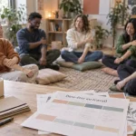 Team building bien-être au travail : cercle de collègues apaisant la charge mentale