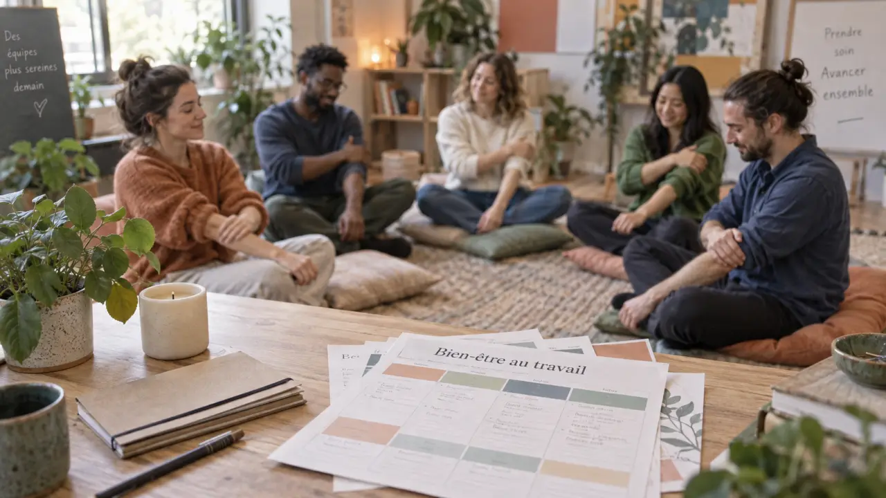 Team building bien-être au travail : cercle de collègues apaisant la charge mentale